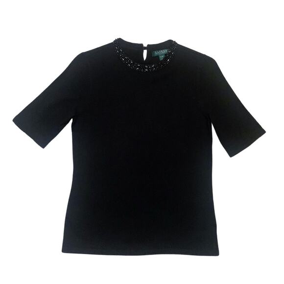 Ralph Lauren Black Cashmere Silk Short Sleeve Sweater Medium Petite Embellished - Picture 1 of 9